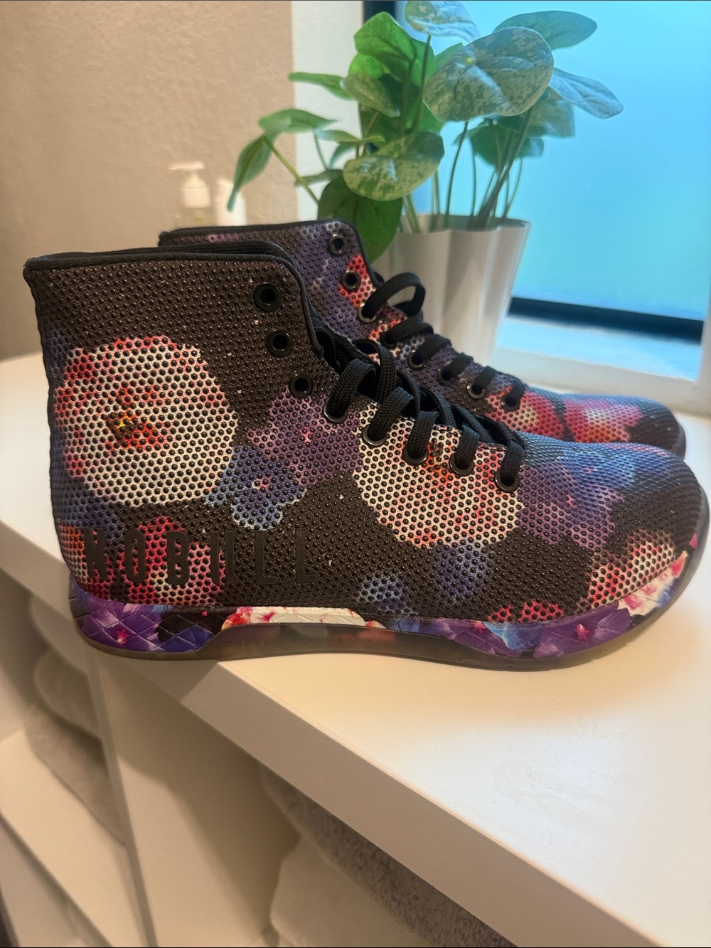 No Bull Trainers Floral Mesh High-Top Sneakers - Black, Purple & Pink